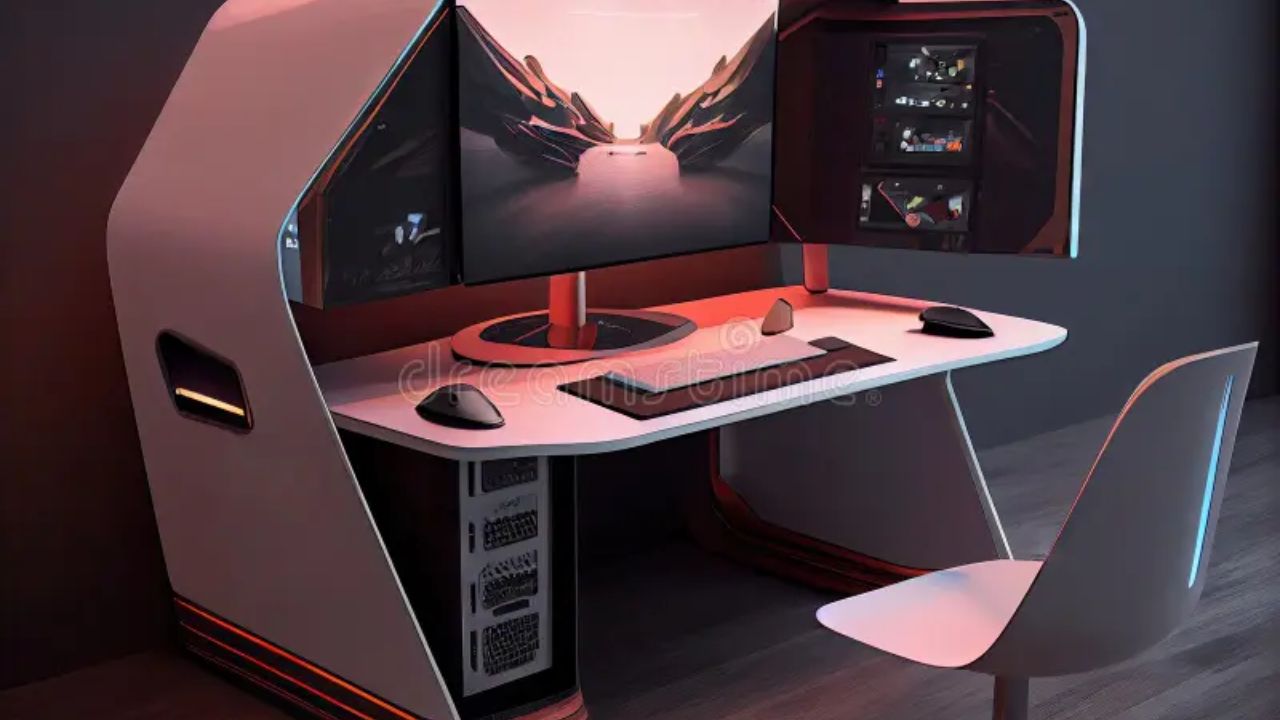 minimalist white futuristic engineering gaming setup